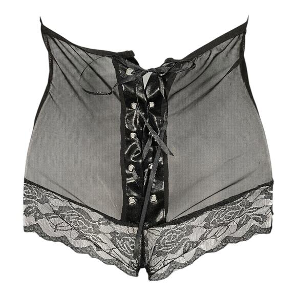 Black Lace Sheer Halter Teddy Small Lace Up Leather Back Cheeky Sleep Wear - Picture 5 of 9